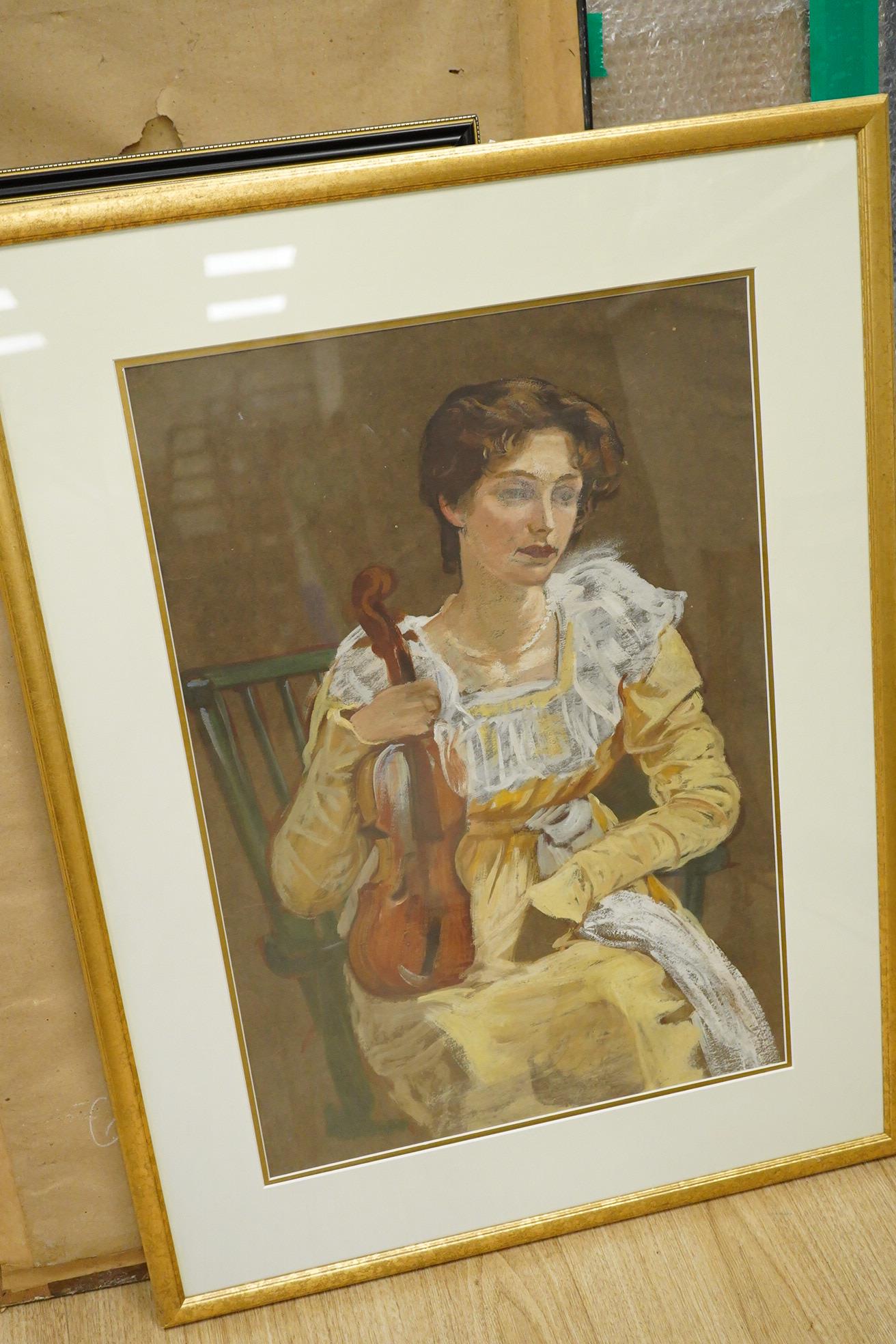 Manner of Harry Mileham (1875-1957), Portrait of a seated lady holding a violin, mixed media, 57 x 38cm